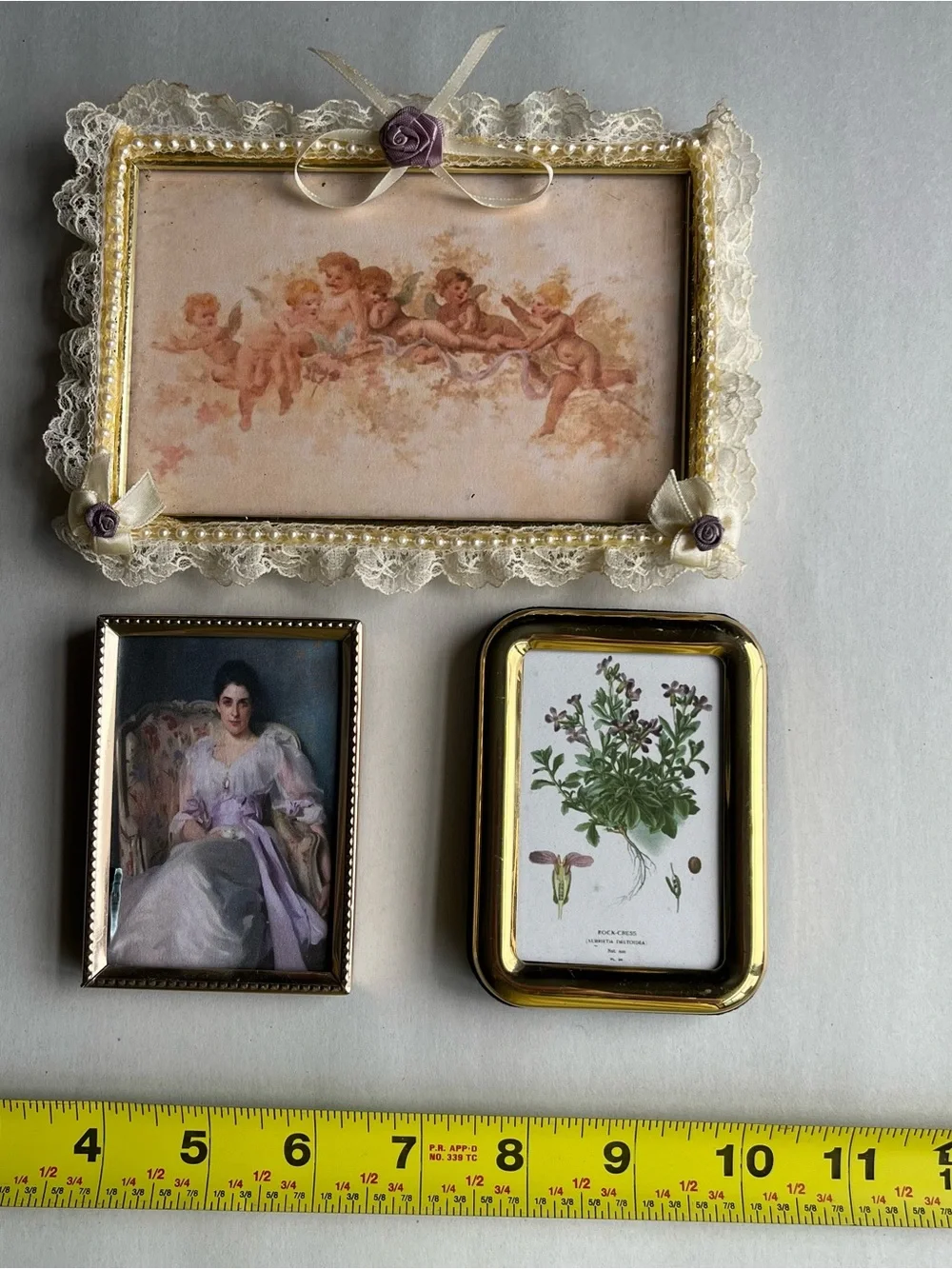 Vintage Brass Picture Photo Frames w/ Fine Art Prints-Set of 3